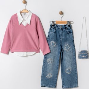 146960 SUETER YAKA TAŞLI GÖMLEK TAŞLI ÇANTA KOT PANTOL 4LÜ TKM 6474